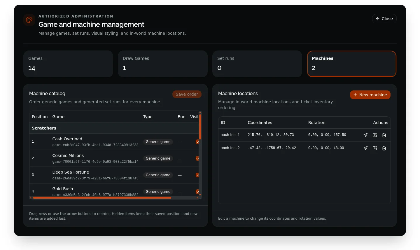 Machine catalog ordering beside in-world machine locations and actions