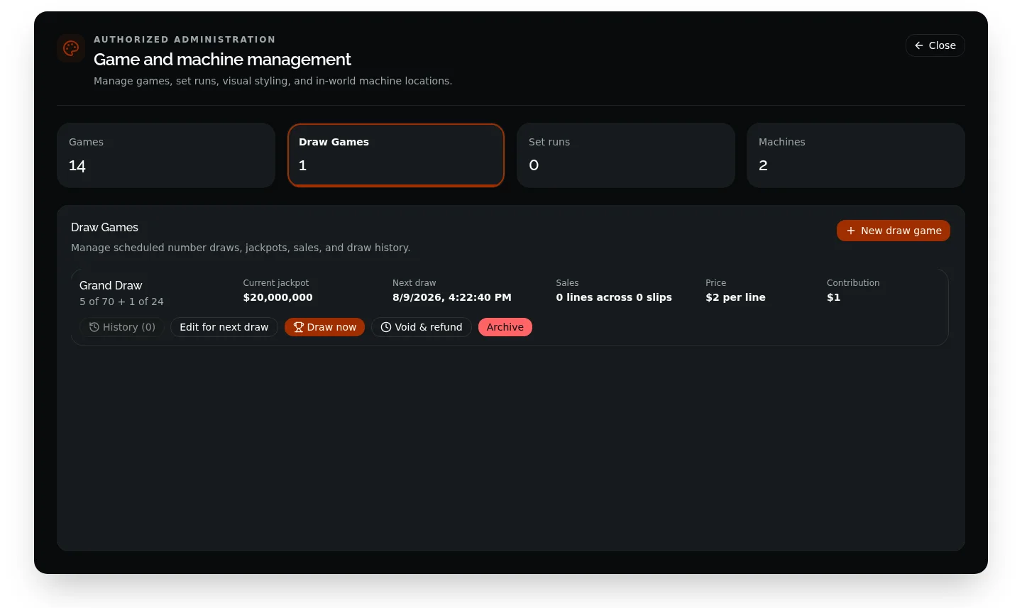 Draw-game administration showing jackpot, schedule, sales, and operational controls