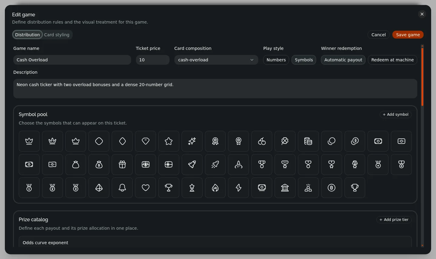 Instant-game distribution editor showing identity, price, play style, redemption, and prize tiers